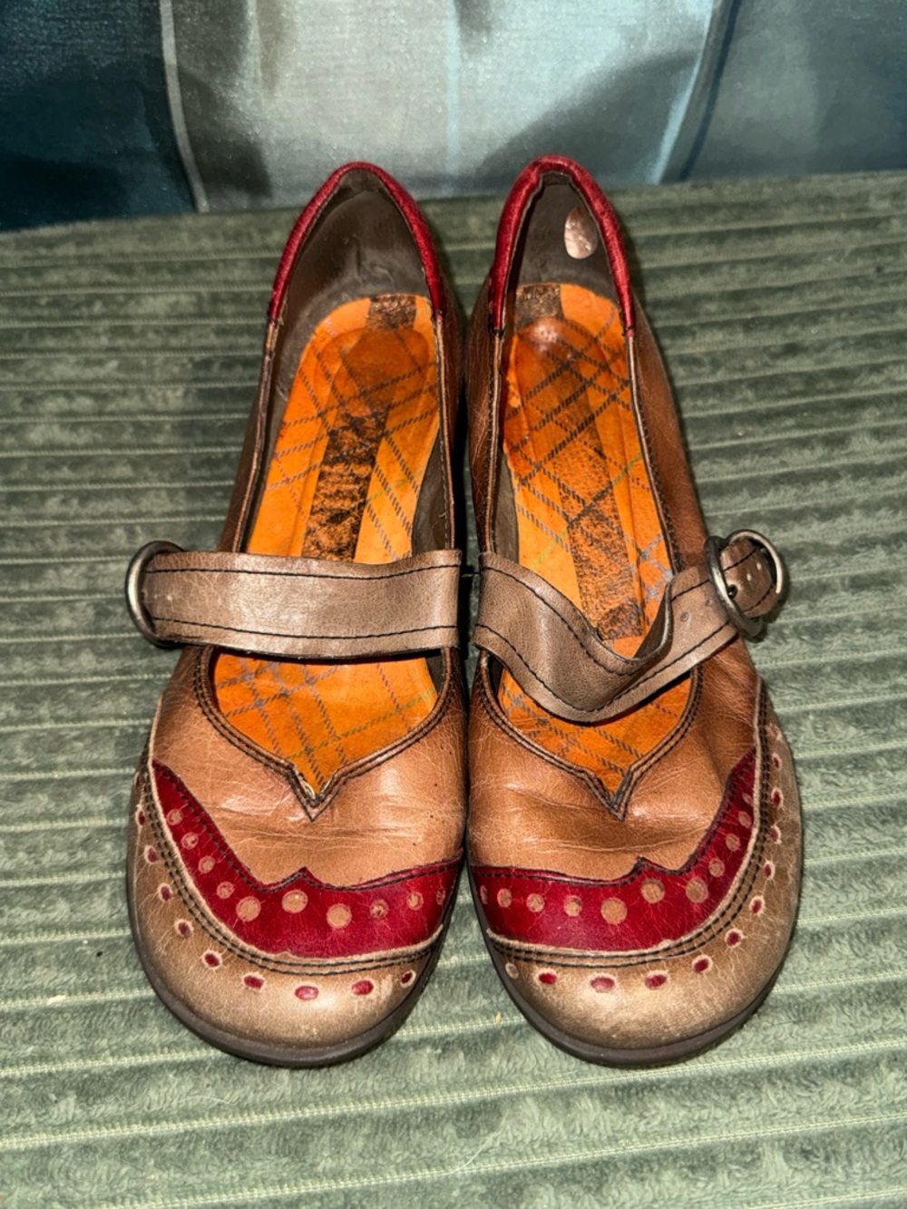 Brown Leather Wedge Mary Jane with Red Accents - Picture 2 of 4